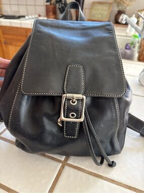 Coach Vintage  Black Leather Drawstring Backpack with Silver Buckle